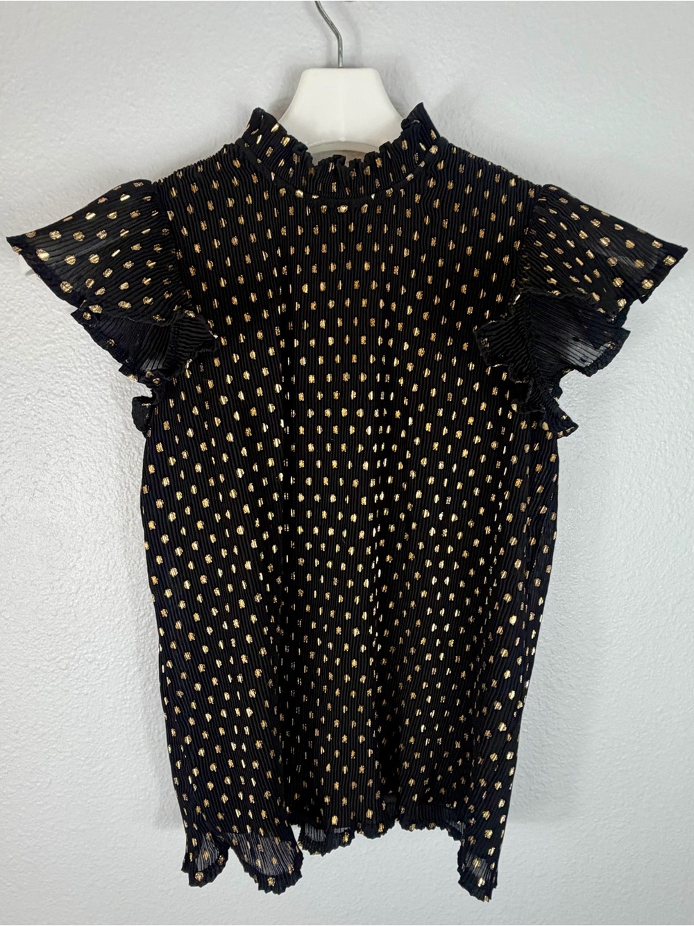 Adrianna Papell Black Gold Metallic Pleated Ruffle Blouse Size S